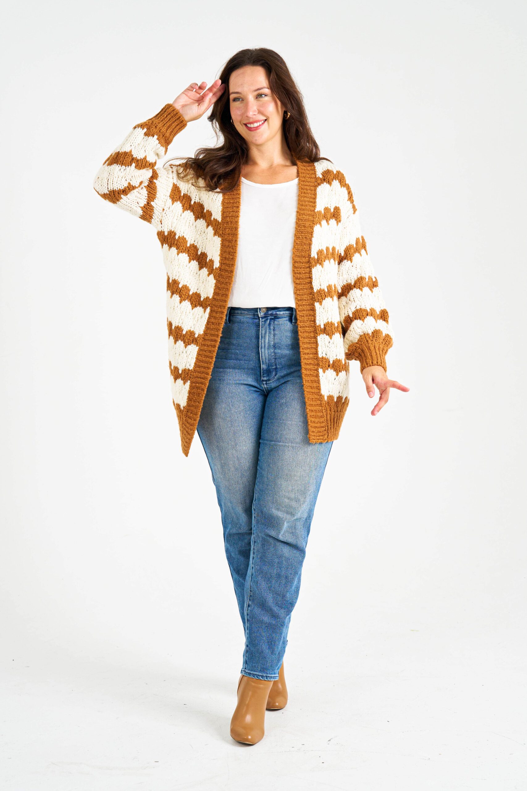 boho women clothing wholesale knitwear - BRITTNEY CARDIGAN-brown STRIPE