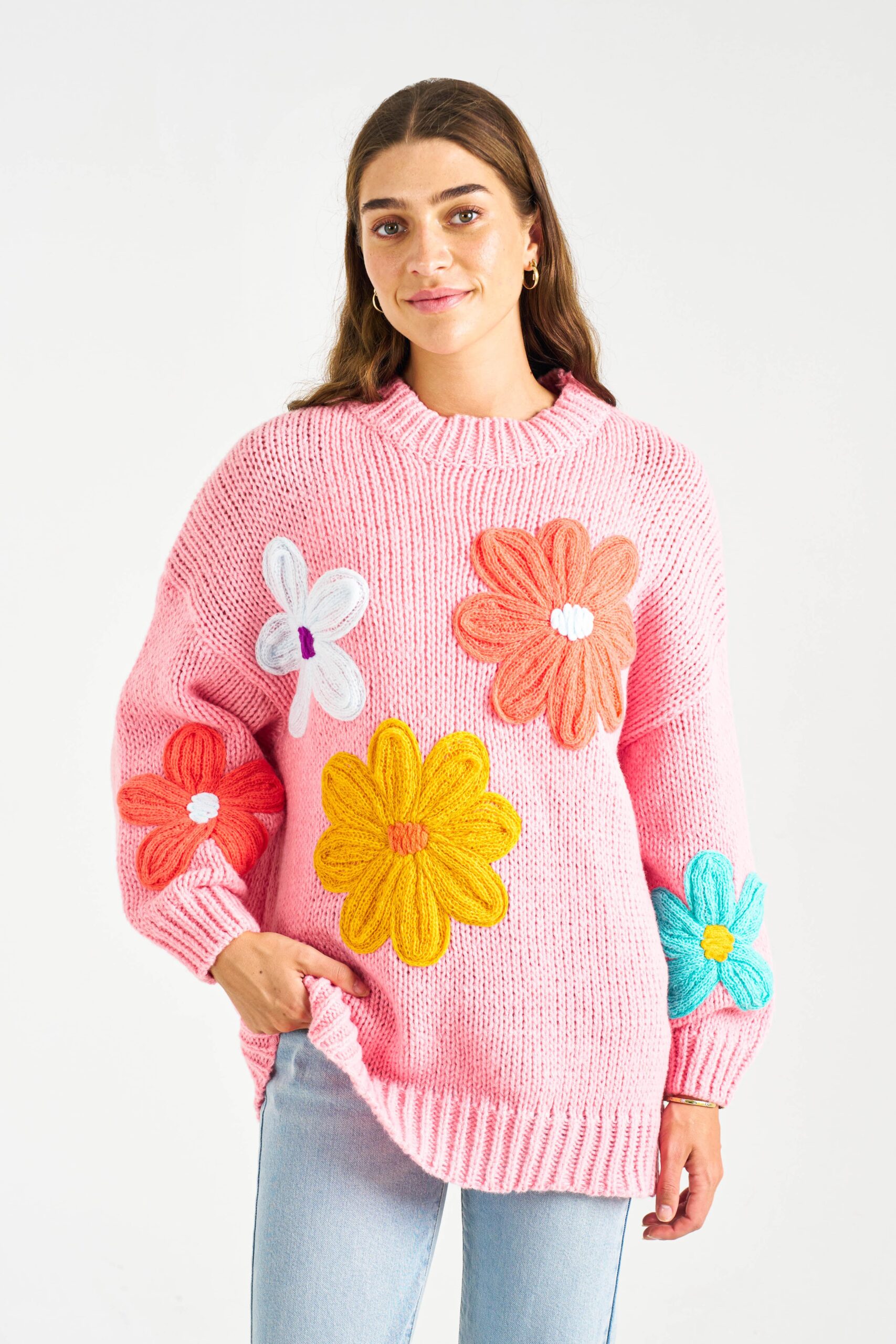 boho&primrose women clothing wholesale knitwear - MULTI DAISY KNIT-PINK