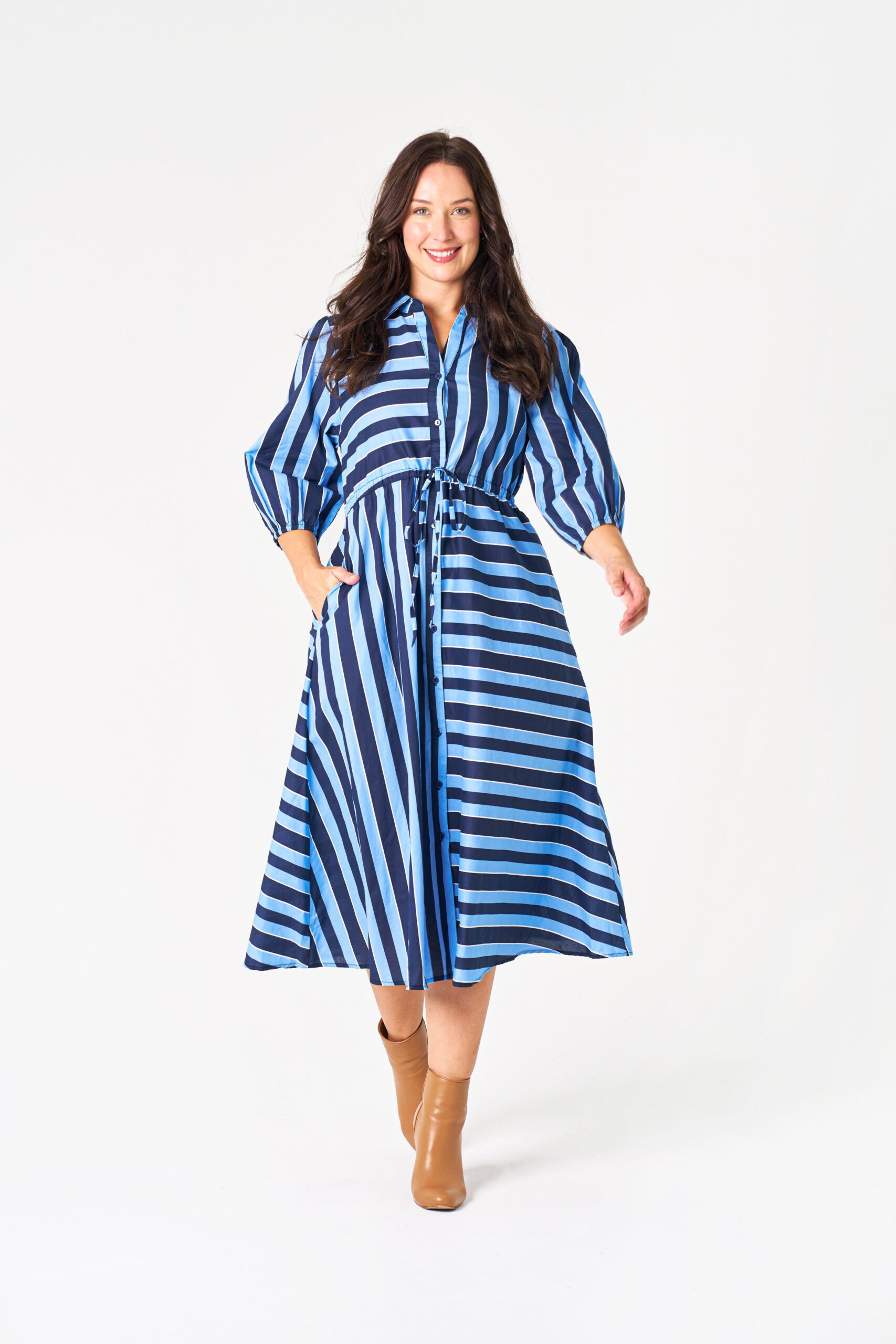 MOSS MIDI DRESS WHOLESALE WOMEN DRESS NAVY BLUE STRIPE BOHO AUSTRALIA